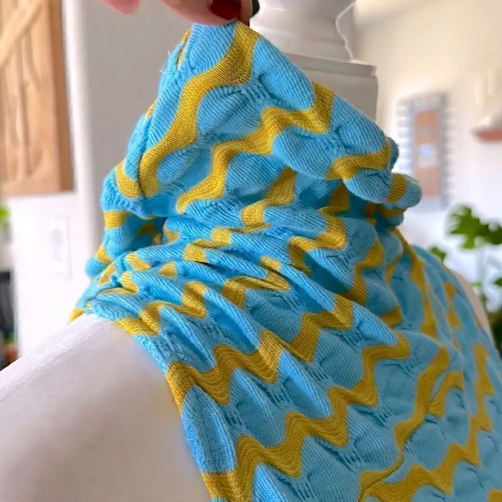 NWOT Free People Mock Neck Sleeveless Wavy Stripes Blue Mustard Tank Racer Back